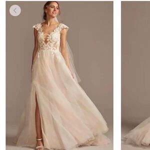 Galina Signature illusion plunge lace appliquéd wedding dress